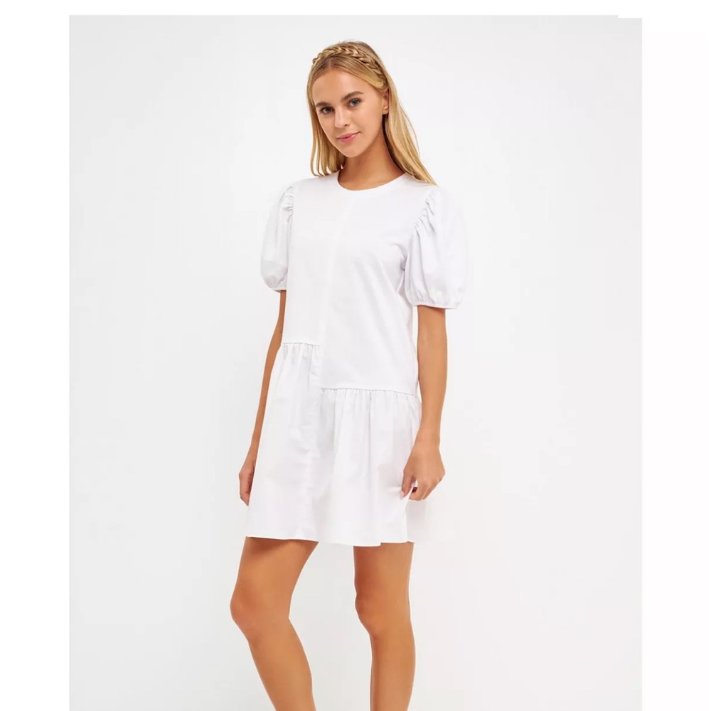 English Factory puff shoulder mixed media dress